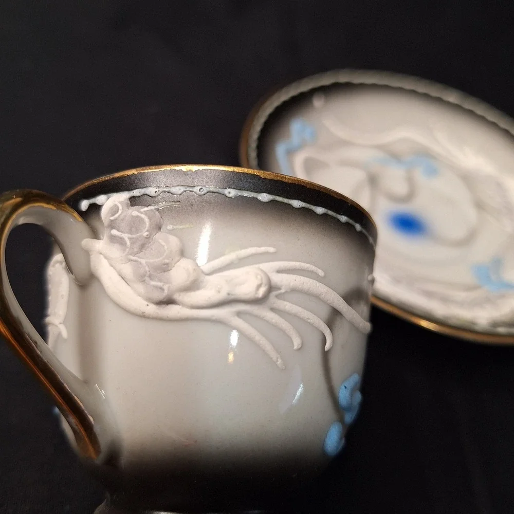 Vintage Moriage Dragonware Demitasse Cup and Saucer Set Grey Black Gold‎